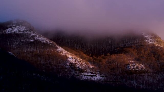 Aerial drone view of beech forests in the mountains of Burgos. Las Machorras, Pasiegos Valleys, Merindades, Burgos, Castile and Le&oacute;n, Spain, Europe