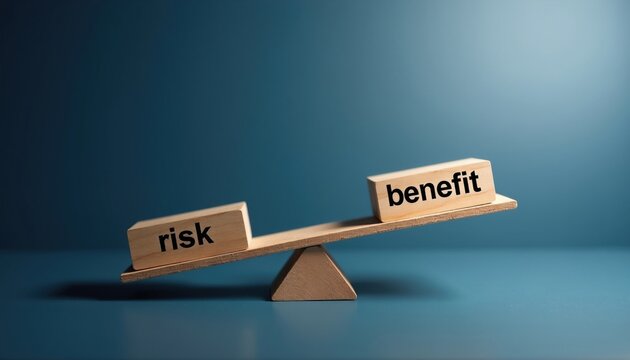 Wooden seesaw scale balancing risk versus benefit on blue background. Concept blocks show imbalance profit outweighs danger. Business comparison metaphor evaluates investment potential. Financial