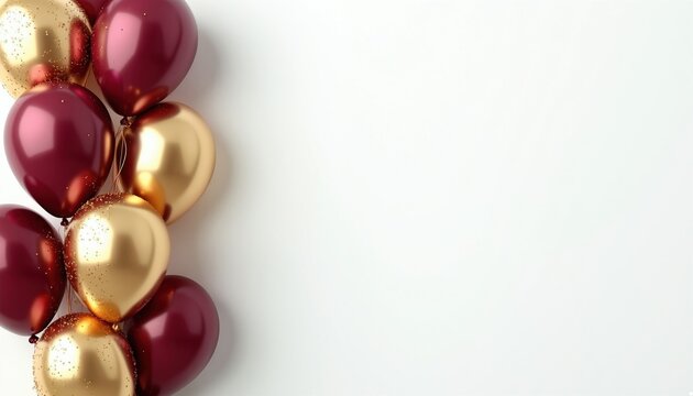 Gold, burgundy balloons arranged on left side of plain white surface. Shiny metallic spheres create festive border for celebrations. Modern holiday background with copy space for text. Elegant party