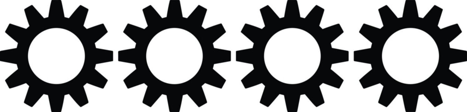 Industrial gear wheel icon set with four black interlocking cogwheels in horizontal row isolated vector design style.