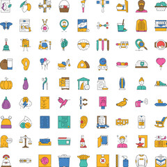 Fototapeta premium Set of colorful line art symbols depicting a wide range of objects and themes, from food and nature to technology and everyday items, for web and print