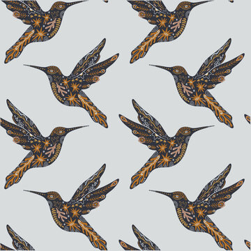 Minimalist mystical hummingbird vector with botanical elements, ornate crescent moon and wild flowers illustration, celestial bird line art, spiritual folk graphic design seamless pattern