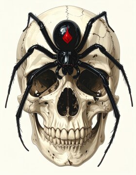 A detailed illustration of a human skull with a large black widow spider featuring a red hourglass symbol on its back crawling over it.