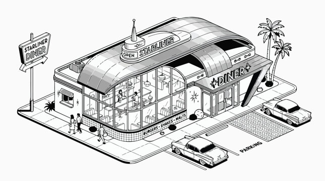 Retro Isometric 1950s Diner Building Line Art Illustration