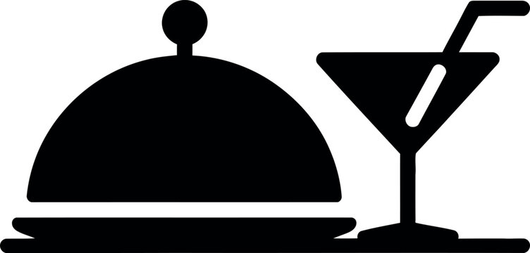 Black and white cocktail glass next to a steaming food server tray icon