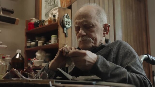 Elderly craftsman working in his old workshop, carefully restoring collectible Japanese bladed weapons