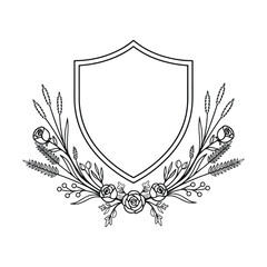 Fototapeta premium Heraldic Shield Crest Line Art Vector Frame Decorated With Elegant Botanical Floral Bouquet Base