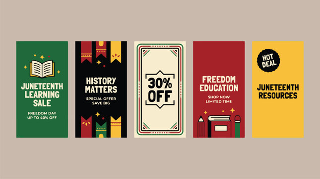 Juneteenth sale social media stories, vertical banner set for freedom day promotion, educational history matters marketing templates with 30% off discount