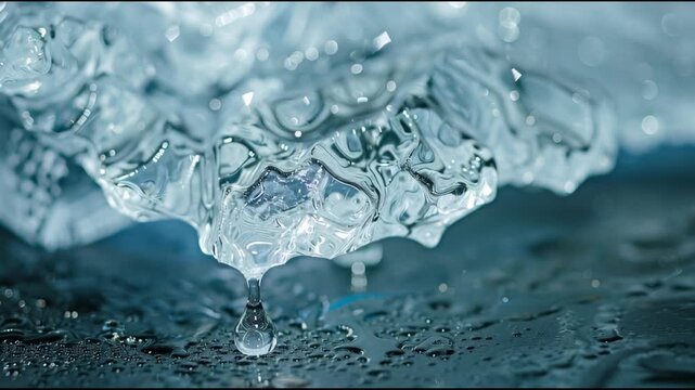 Close up of a melting ice block forming a perfect water drop falling onto a reflective dark surface in slow motion, showing the concept of global warming and climate change