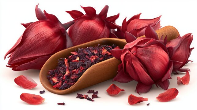 Fresh Rosella Tea Ingredients Featuring Dried Flowers and Petals in Wooden Scoop on White Background