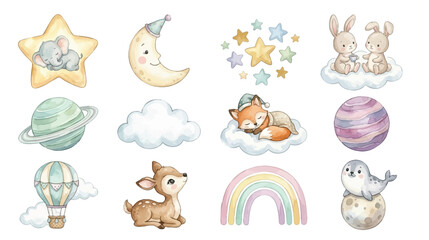 Fototapeta premium Cute watercolor nursery animals with celestial fantasy theme in soft pastel colors. Collection of Vector illustrations for invitation, card, poster, banner, decoration