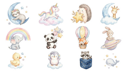 Cute watercolor nursery animals with celestial fantasy theme in soft pastel colors. Collection of Vector illustrations for invitation, card, poster, banner, decoration  © maria