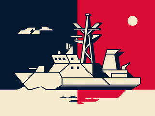 Minimalist geometric navy warship illustration on a red and blue split background © yunita