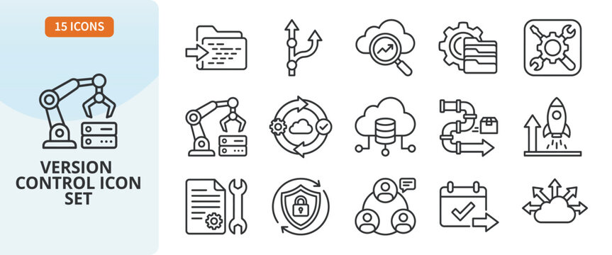 Version control icon set, outline style vector icons for git, software repository, code management, and continuous integration