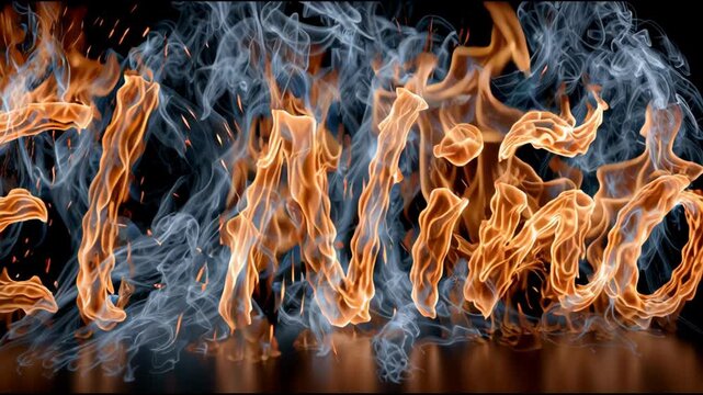 El nino flaming text effect with orange flames, gray smoke, and shiny reflections, symbolizing the extreme weather phenomenon and global climate change on a black background