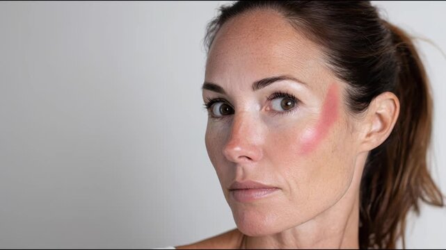 Mature woman with freckles and wrinkles applying blush with a makeup brush for her daily beauty routine while looking in the camera on a white background
