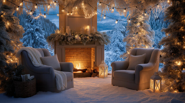 beautiful christmas background with a fireplace and armchairs, a snow-covered landscape, a garland of lights around the tree, a blue sky, a winter evening, soft focus, high-resolution photography, hig