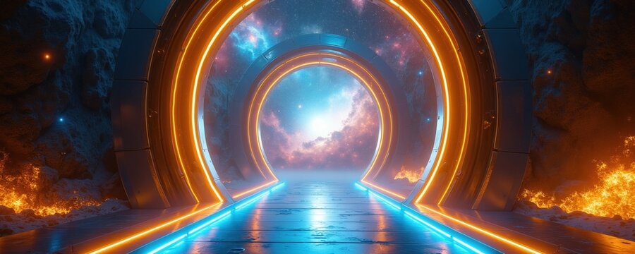 Futuristic circular portal frame opens into deep space universe. Bright neon lights illuminate glowing tunnel path leading towards nebula cloud galaxy. Alien sci-fi structure design creates mystical