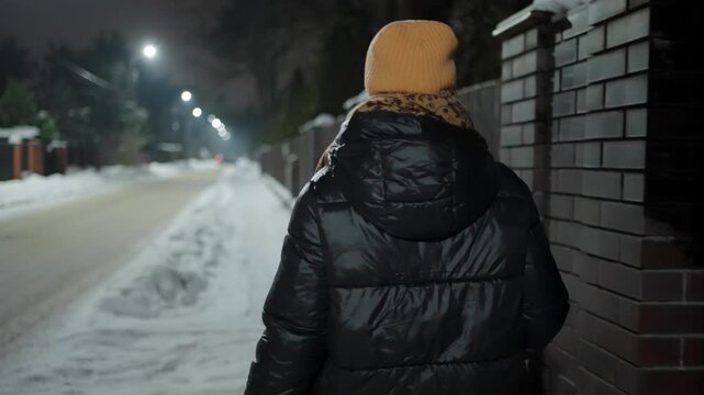 Woman walking her dog on a snowy street of a suburban area at night