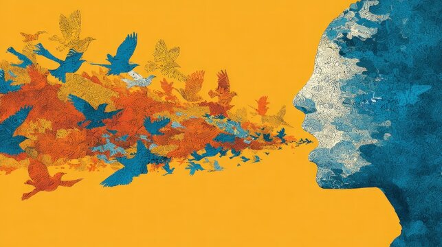 Birds flying from human head silhouette