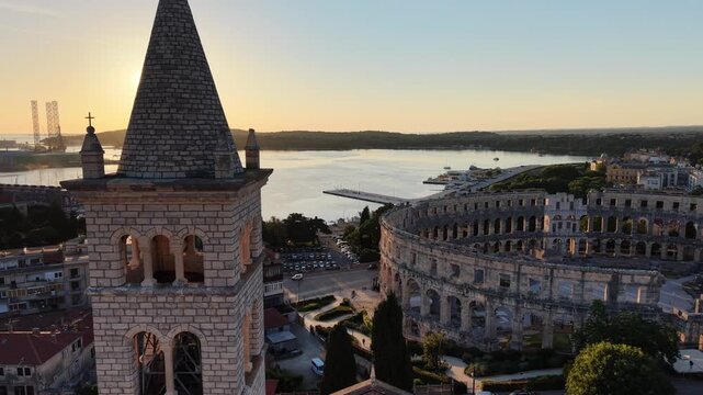 Pula, Croatia - May 16 2026: Aerial View Church of St Anthony and Pula Arena