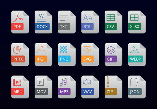 Light File Format Icons with Color Accents on Dark Background Modern Document Extension Vector Collection