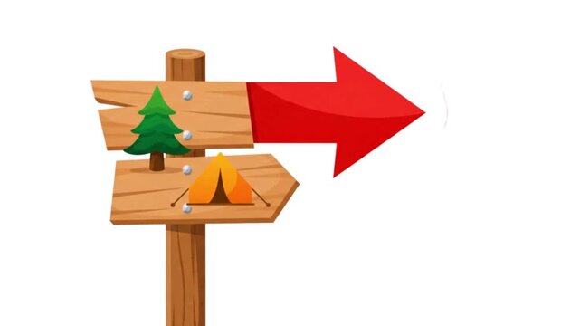 Flat vector animation of a rustic wooden trail signpost for hiking and camping. Features a textured wood post with a bold red direction arrow bouncing slightly, decorated with minimalist icons of a gr