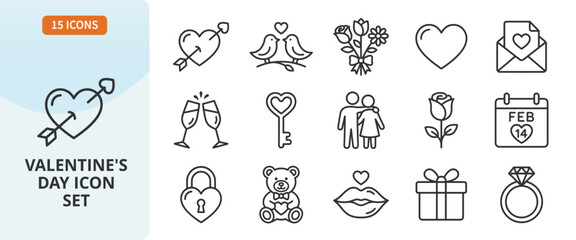 Naklejka premium Valentines day icon set, thin line style, romantic symbols for love, wedding, and anniversary