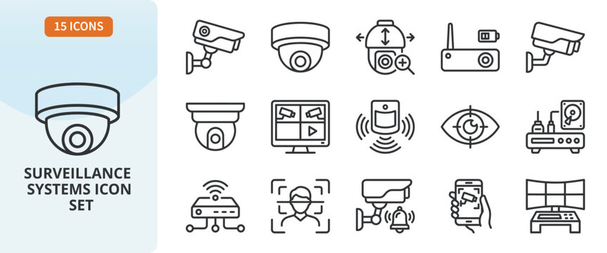 Surveillance systems icon set, security camera, cctv, video monitoring, smart home protection, facial recognition, alarm, vector line icons