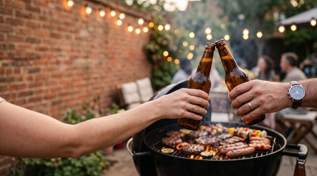 Woman and man toasting with beer bottles over a backyard barbecue grill. Friends relaxing at outdoor dinner party.