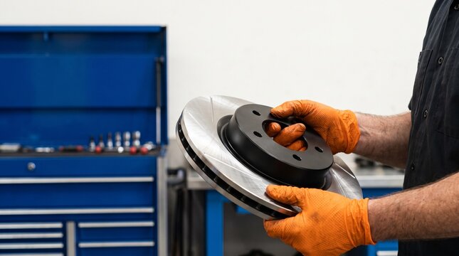 Mechanic holding new brake disc in auto shop. Professional car repair technician inspecting metal brake rotor. Automotive spare part replacement services in vehicle maintenance facility.