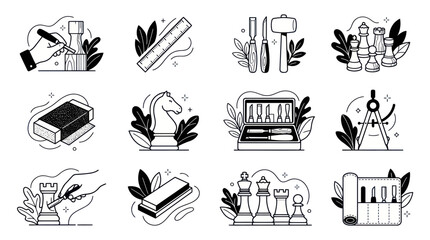 Collection of Chess Pieces and Drawing Tools Icons. © Ibuk