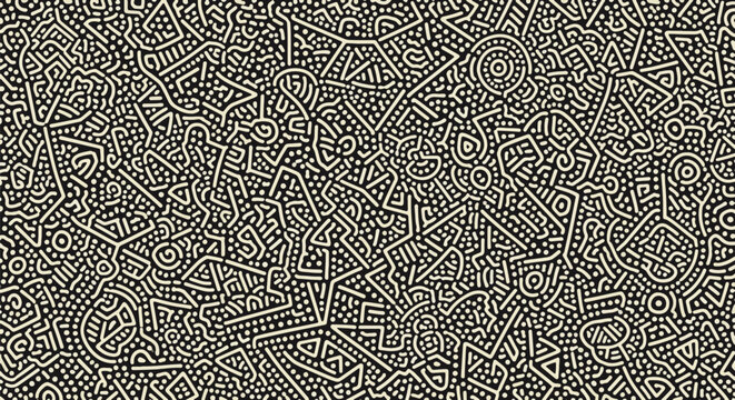 Seamless vector pattern of cream aboriginal-inspired dot painting and geometric line art on a black background, featuring intricate tribal motifs, indigenous symbols, and abstract textures.