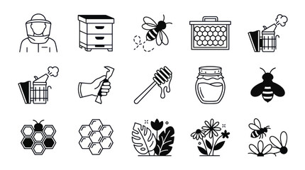 Collection of hand-drawn beekeeping and honey-related icons. © Ibuk