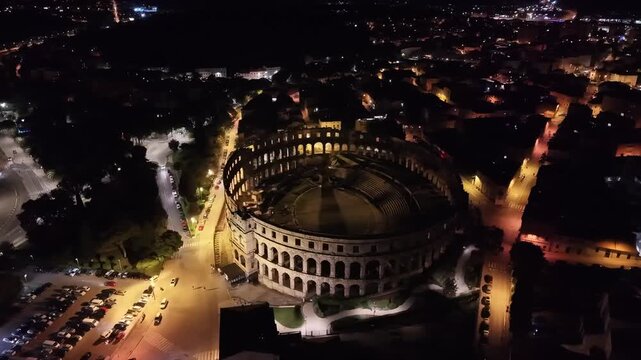 Pula, Croatia - May 16 2026: Aerial View Pula Arena at Night