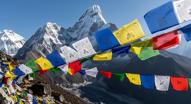 Colorful Prayer Flags Flying Against Mountainous Landscape.