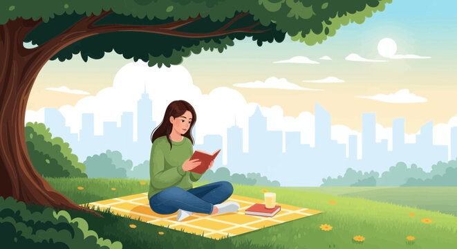 Woman reading a book under a tree in a park
