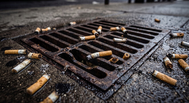 Close-up of dirty cigarette butts littered on a rusty iron grate and wet asphalt street, urban pollution and bad smoking manners concept