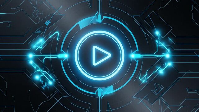Close up of glowing blue play button with circles.