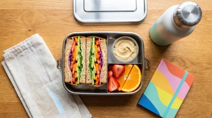 Fotobehang Kruidenier Vegetable sandwich lunch box with fruit and hummus sandwich vegetables  © FuturStockSolution 