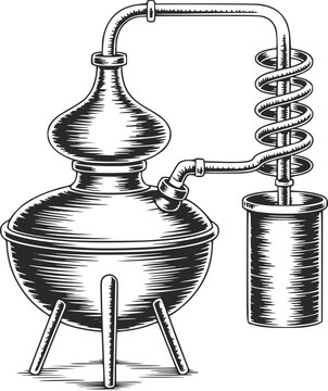 蒸留酒の製造に使用される伝統的な銅製ポットスチルの詳細なヴィンテージ風版画