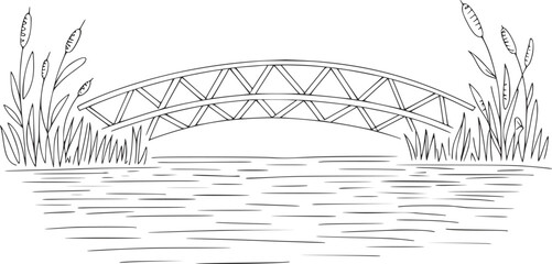 背の高いガマが生える穏やかな池に架かるアーチ型の歩道橋のシンプルな白黒の線画 © Lisa_Stock