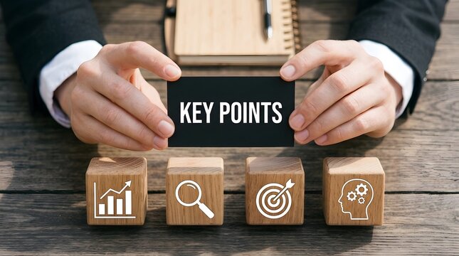 Business professional presenting a card with key points text over wooden blocks with business icons and a wooden desk background