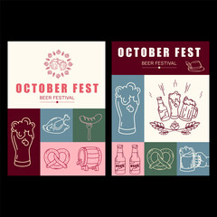 Naklejka premium Oktoberfest poster covers templates set featuring hand drawn beer mugs, beer bottles, pretzel, sausage, roast chicken, barrel, wheat, hops, and Bavarian festival elements