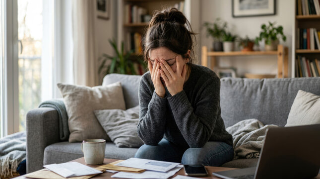 Upset Woman Covering Face While Struggling with Household Bills and Financial Stress