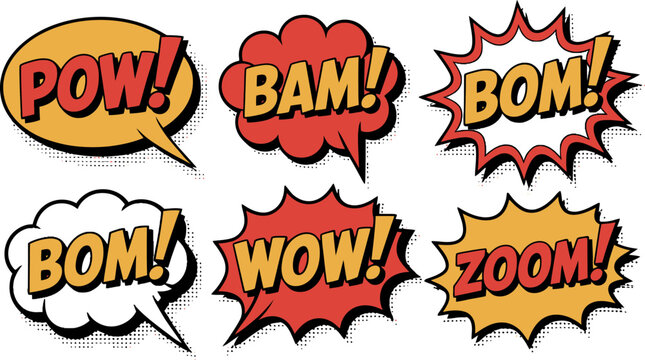 Comic Book Sound Effects: A vibrant collection of comic book style speech bubbles and action words like POW!, BAM!, BOM!, WOW!, and ZOOM! explode with energy.