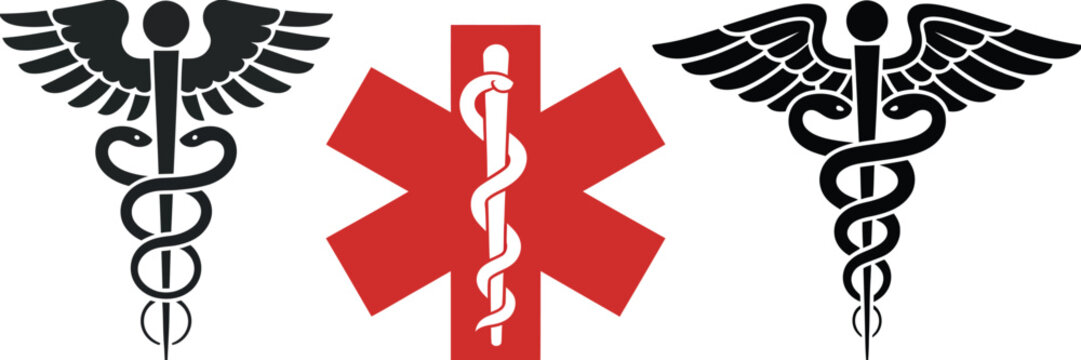 Medical symbols caduceus and Star of Life icons featuring healthcare, emergency services, ambulance, first aid, rescue, and medical support graphics.