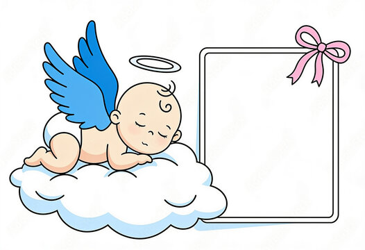 Adorable baby angel with blue wings sleeping peacefully on a white cloud next to a blank text frame with a pink bow.