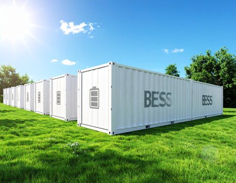 A 3D vector illustration of a utility-scale Battery Energy Storage System (BESS) container 
