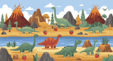 Various Dinosaurs Roaming Prehistoric Landscape with Volcanoes and Lush Vegetation. © Berkah